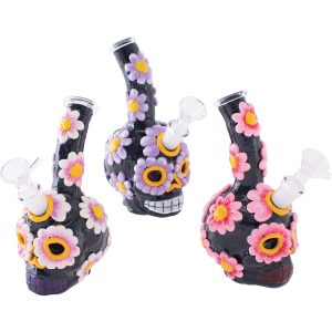 PW238 - 5.9" Resin Skull Flower Bubbler Glass Pipe