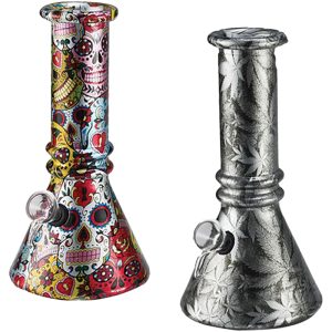 PW411 - 5.9" Skull Print Beaker Glass Water Pipe