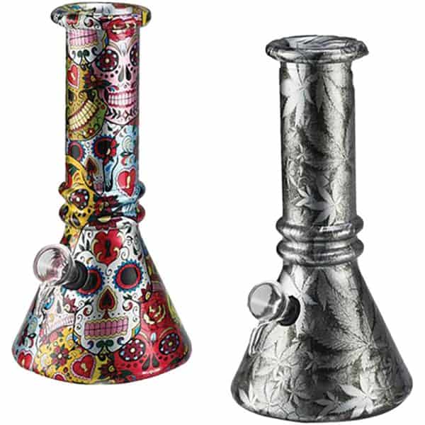 PW411 - 5.9" Skull Print Beaker Glass Water Pipe