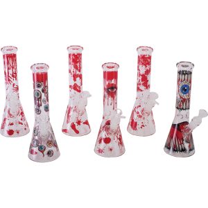 PW224 - 10" Horror Decal Glass Beaker Water Pipe (Asst. Colors)
